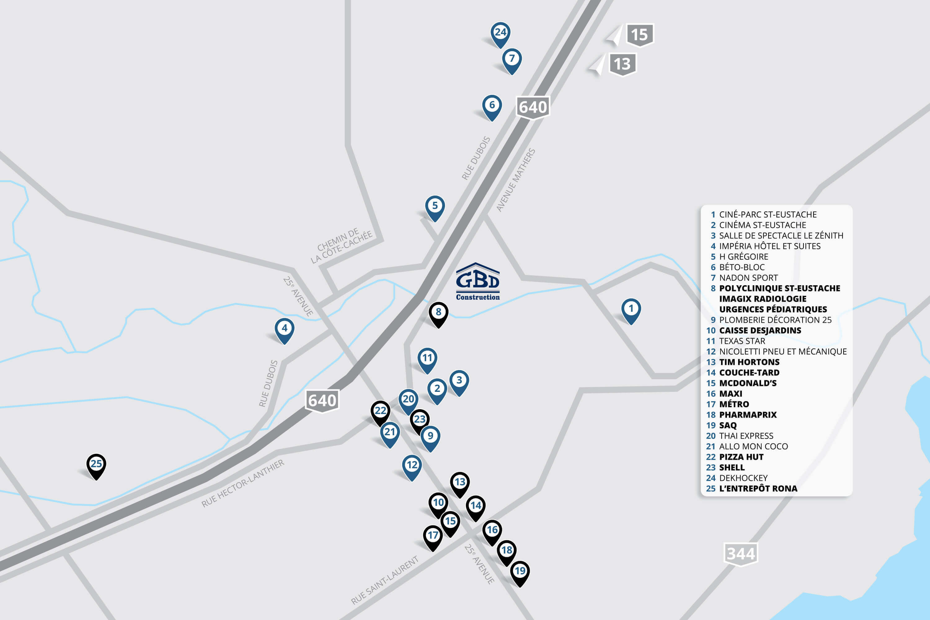 Carte commerces et entreprises près des locaux à louer à St-Eustache=