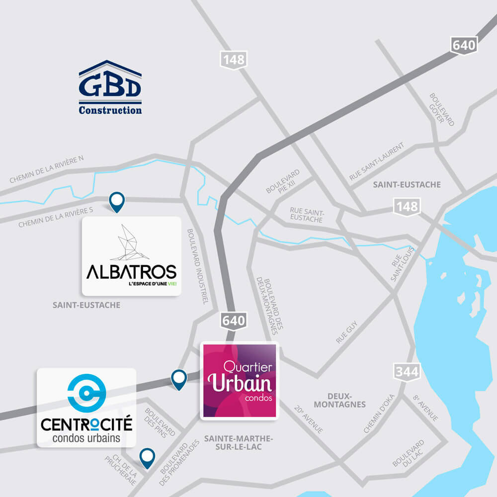 Carte condos à louer à Saint-Eustache, Sainte-Marthe-sur-le-Lac et Deux-Montagnes
